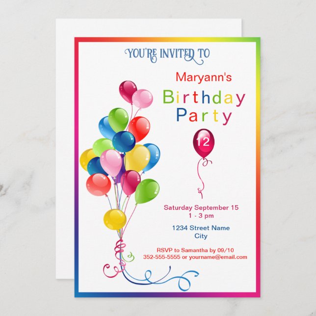 Colorful Balloons Birthday Party Invitation (Front/Back)