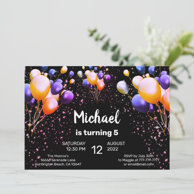 Colorful Balloons Birthday Party Invitation (Standing Front)