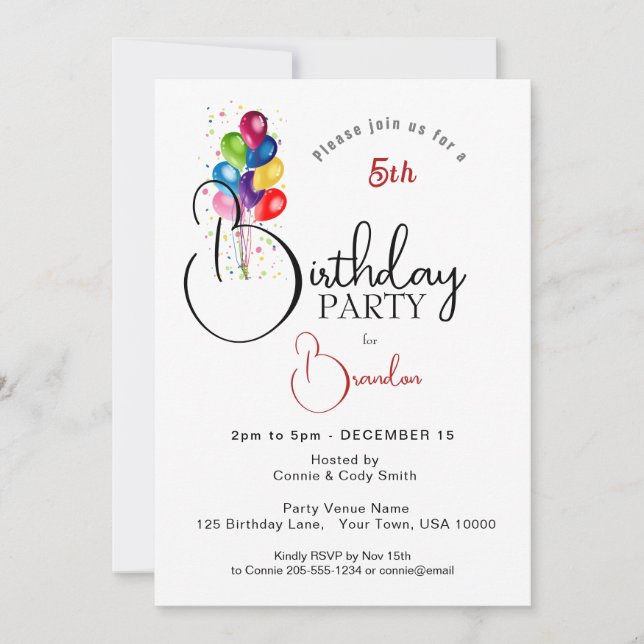 COLORFUL BALLOONS, BIRTHDAY PARTY INVITATION (Front)
