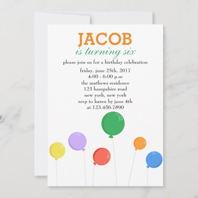 Colorful Balloons Birthday Party Invitation (Front)