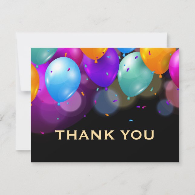 Colorful Balloons Black and Gold Confetti Thank You Card (Front)