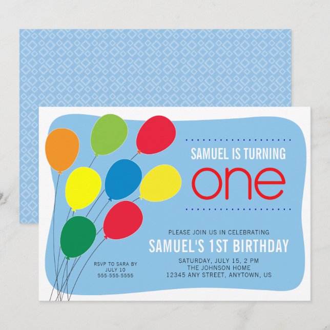 Colorful Balloons Boys 1st Birthday Party Invitation (Front/Back)