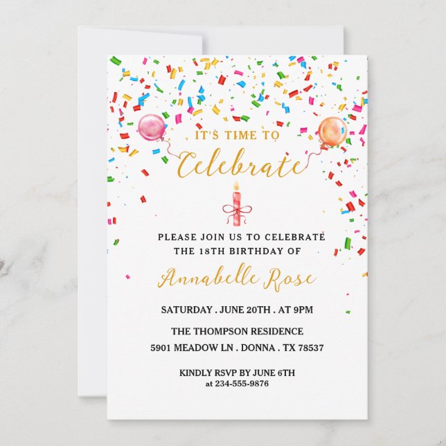 Colorful Balloons & Confetti Birthday  Invitation (Front)