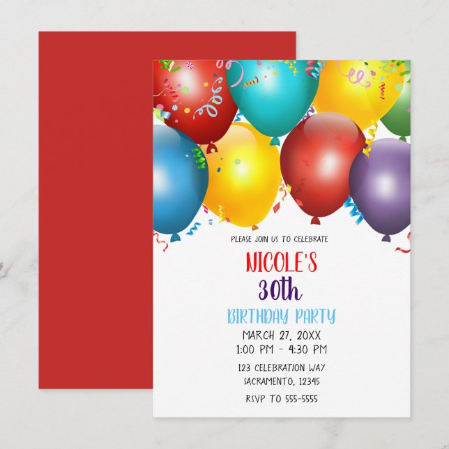 Colorful Balloons & Confetti Birthday Party Invitation (Front/Back)
