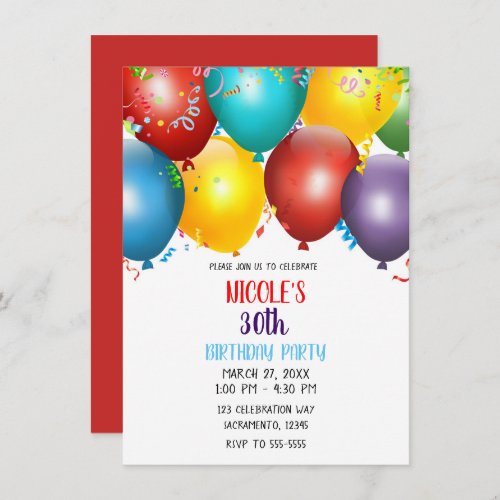 Colorful Balloons  Confetti Birthday Party Invitation