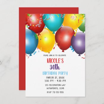 Colorful Balloons & Confetti Birthday Party Invitation by printabledigidesigns at Zazzle