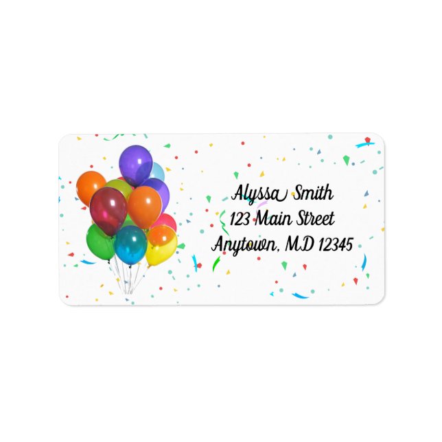 Colorful Balloons & Confetti Birthday Party Label (Front)