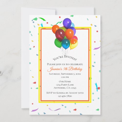 Colorful Balloons  Confetti  Custom Party Invitation