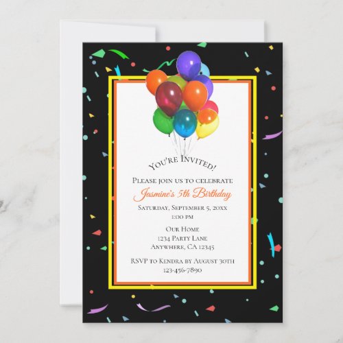 Colorful Balloons  Confetti on Black  Party Invitation