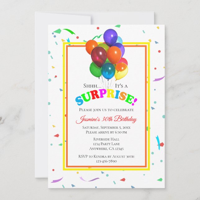 Colorful Balloons & Confetti | Surprise Party Invi Invitation (Front)
