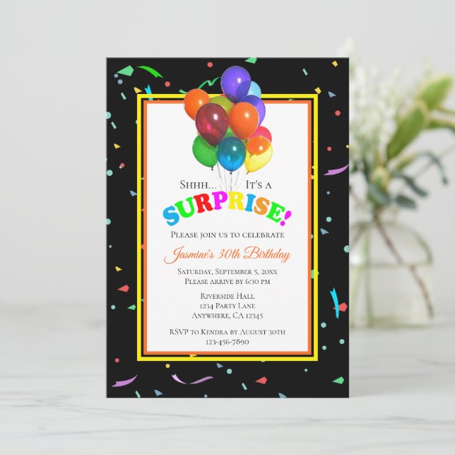 Colorful Balloons & Confetti | Surprise Party Invitation (Standing Front)