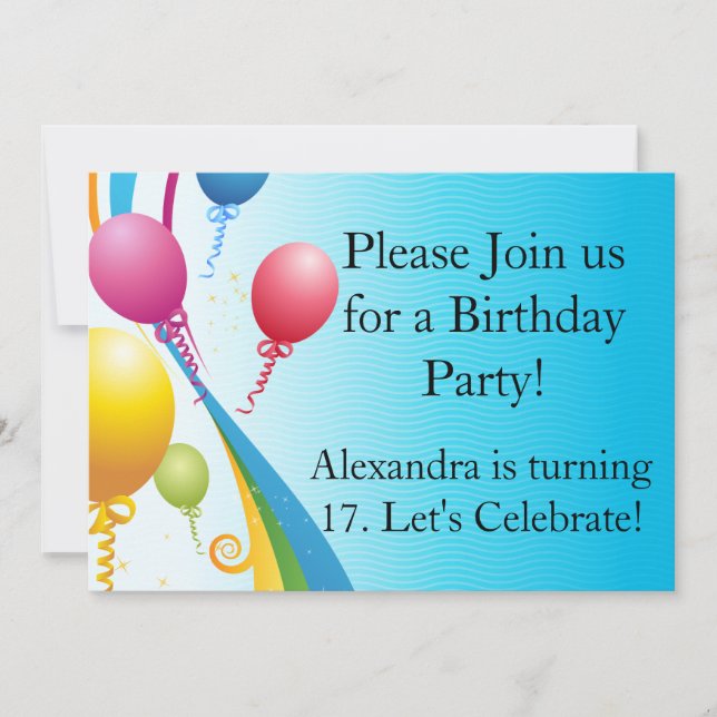 Colorful Balloons | Curly Ribbons Invitation (Front)