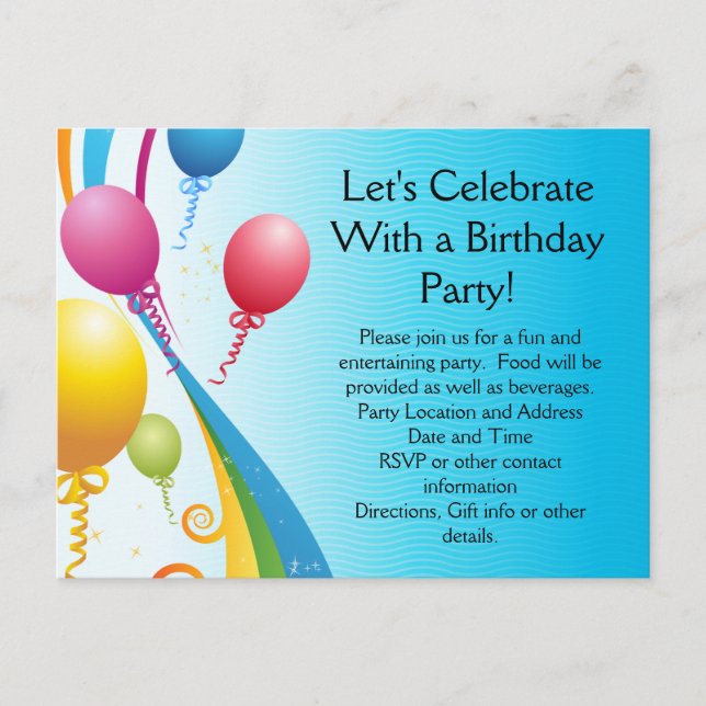 Colorful Balloons | Curly Ribbons Invitation Postcard (Front)