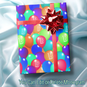 Colorful Balloons Custom Monogram Happy Joyful Fun Wrapping Paper