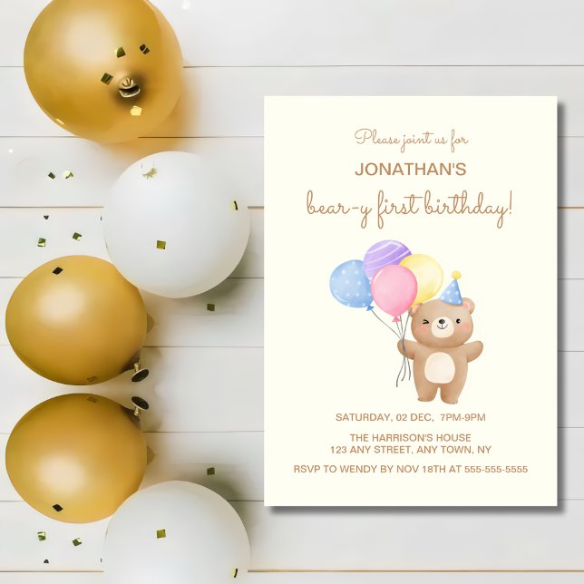 Colorful Balloons Cute Bear Boy Birthday  Invitation (Creator Uploaded)