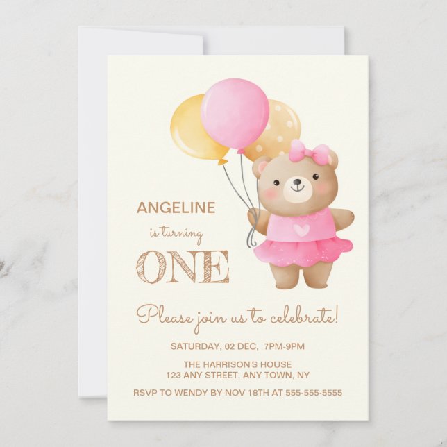 Colorful Balloons Cute Bear Girl 1st Birthday  Invitation (Front)