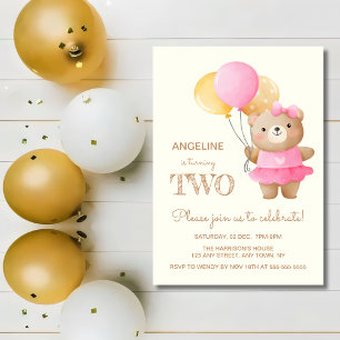 Colorful Balloons Cute Bear Girl 2nd Birthday Invitation