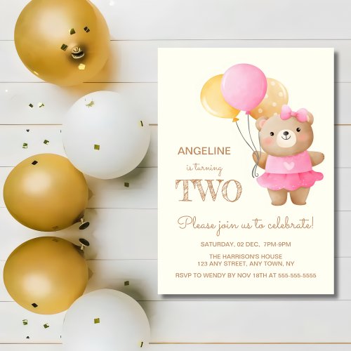 Colorful Balloons Cute Bear Girl 2nd Birthday  Invitation