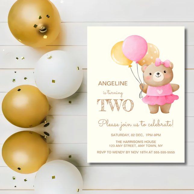 Colorful Balloons Cute Bear Girl 2nd Birthday  Invitation (Creator Uploaded)