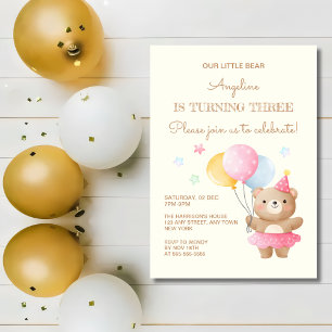 Colorful Balloons Cute Bear Girl 3rd Birthday Invitation
