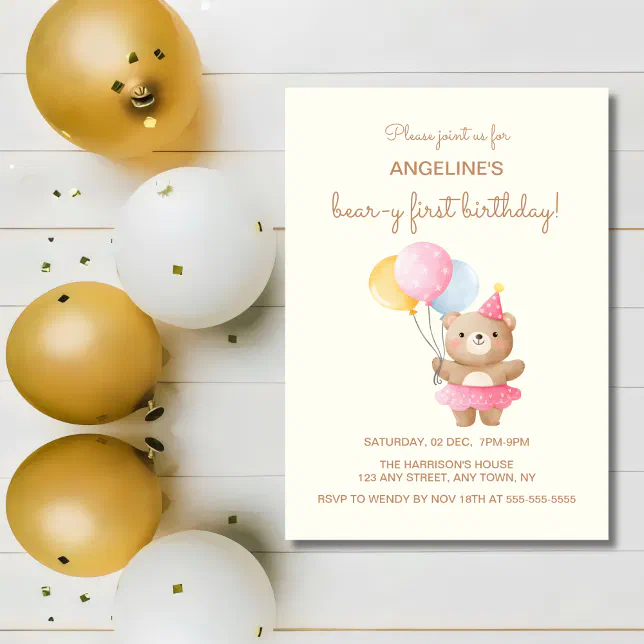 Colorful Balloons Cute Bear Girl Birthday Invitation | Zazzle