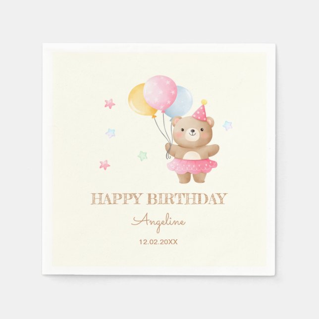 Colorful Balloons Cute Bear Girl Birthday  Napkins (Front)