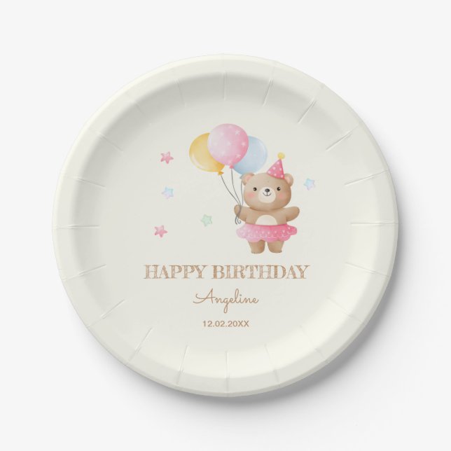 Colorful Balloons Cute Bear Girl Birthday  Paper Plates (Front)