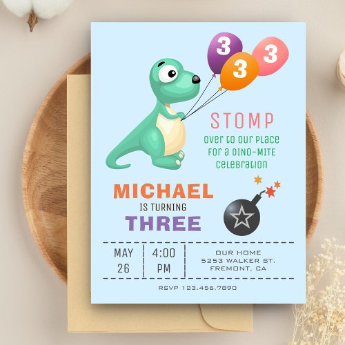 Colorful Balloons Cute Dinosaur Birthday Party Invitation Postcard