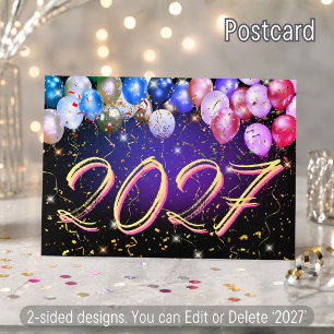 Colorful Balloons Festive Confetti Happy New Year Holiday Postcard