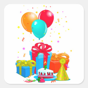 Colorful Balloons, Gift Boxes, and Birthday Cake Square Sticker
