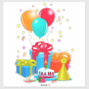 Colorful Balloons, Gift Boxes, and Birthday Cake Sticker