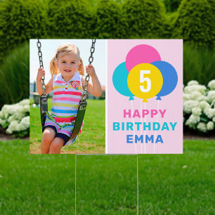 Colorful Balloons Girls Birthday Photo Pink Sign