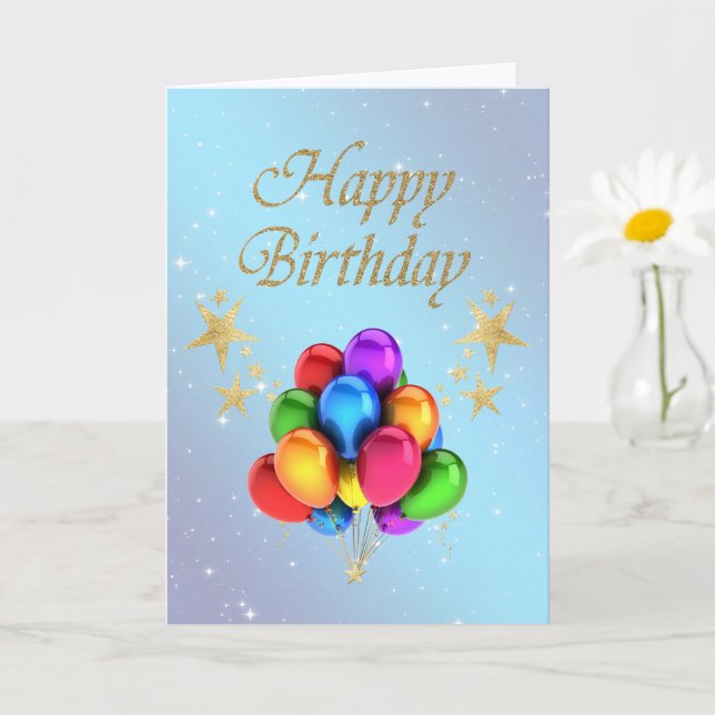 Colorful balloons Gold Stars Happy Birthday Card (Small Plant)