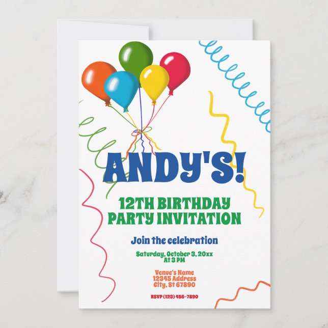 Colorful Balloons Happy 12th Birthday Party Invitation (Front)