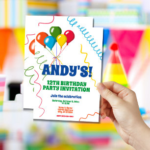 Colorful Balloons Happy 12th Birthday Party Invitation