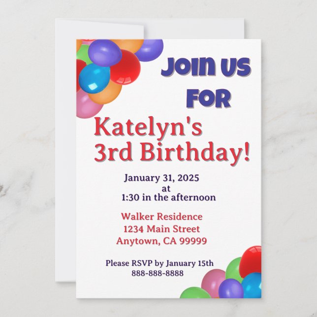 Colorful Balloons Invitation (Front)