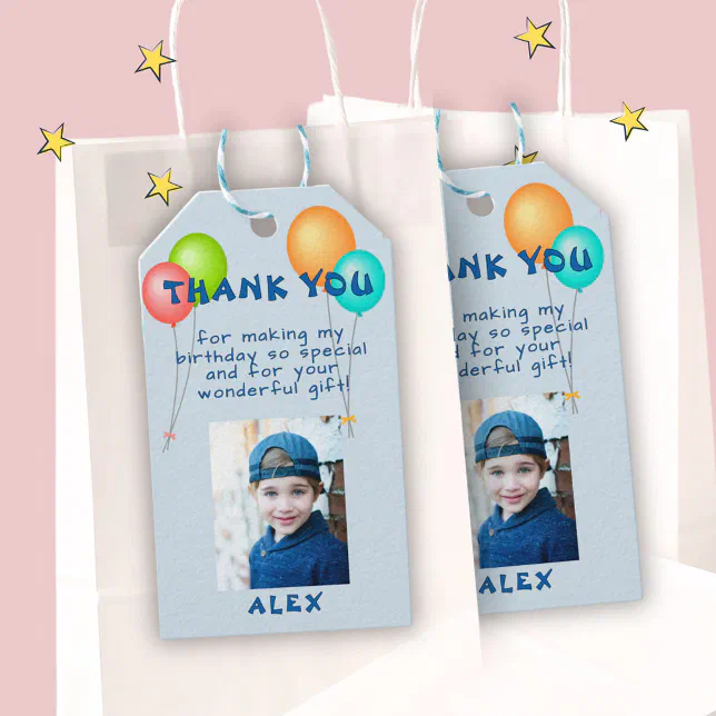 Colorful Balloons Kids Birthday Photo Gift Tags | Zazzle