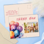 Colorful Balloons Kids Birthday Photo Thank you Postcard<br><div class="desc">Colorful Balloons Kids Birthday Photo Thank You Postcard. Thank you birthday postcard for the children`s birthday party. This design comes with beautiful balloons in different colors in watercolor look. Personalize the postcard with your child`s name,  thank you message and photo.</div>