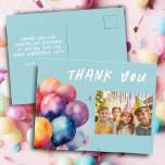 Colorful Balloons Kids Birthday Photo Thank you Postcard<br><div class="desc">Colorful Balloons Kids Birthday Photo Thank You Postcard. Thank you birthday postcard for the children`s birthday party. This design comes with beautiful balloons in different colors in watercolor look. Personalize the postcard with your child`s name,  thank you message and photo.</div>