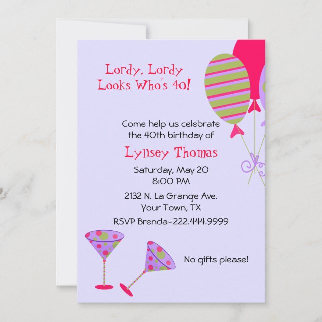 Colorful Balloons & Martini Glasses Birthday Party Invitation (Front)