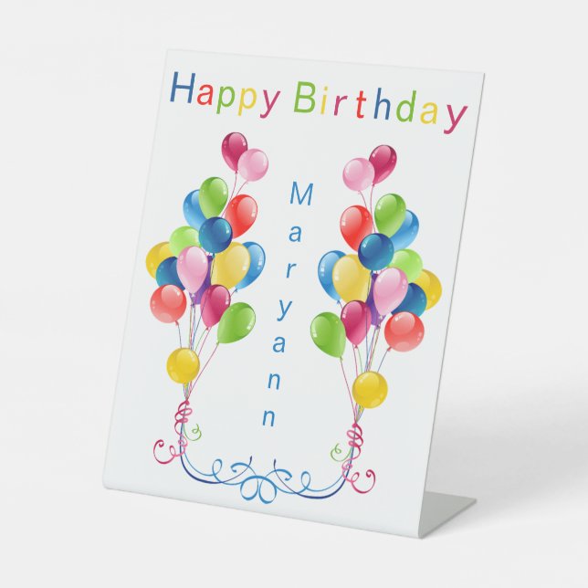 Colorful Balloons Personalized Happy Birthday Pedestal Sign (Front)