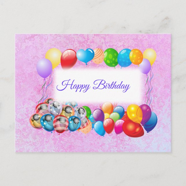 Colorful Balloons, Pink Birthday Postcard (Front)