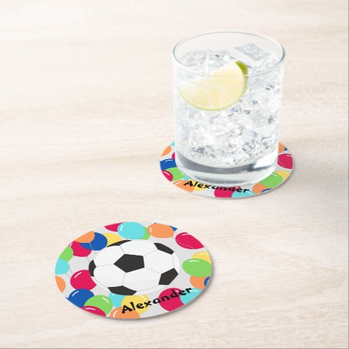 Colorful Balloons Soccer ball fun Napkins Round Paper Coaster