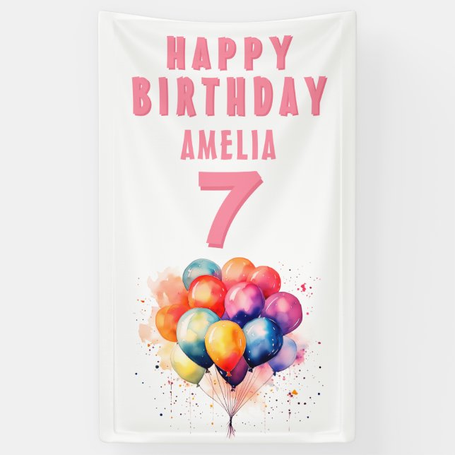 Colorful Balloons Watercolor Kids Birthday party  Banner (Vertical)