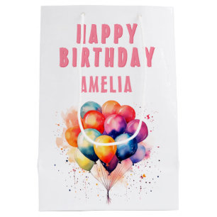 Colorful Balloons Watercolor Kids Happy Birthday Medium Gift Bag