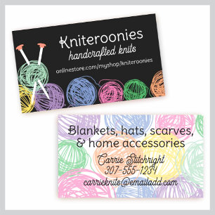 Colorful balls of yarn knitting needles biz cards
