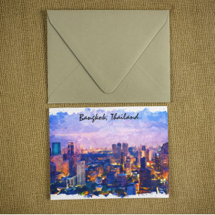 Colorful Bangkok Thailand Cityscape Watercolor Postcard