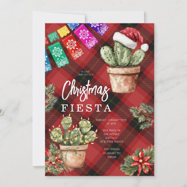 Colorful Banner Mexican Cactus Christmas Fiesta Invitation (Front)