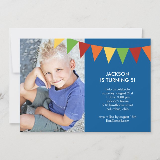 Colorful Banners Photo Birthday Invitation - Blue (Front)
