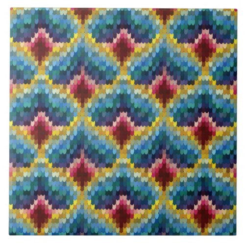 Colorful Bargello Embroidery Boho Chic Pattern Ceramic Tile